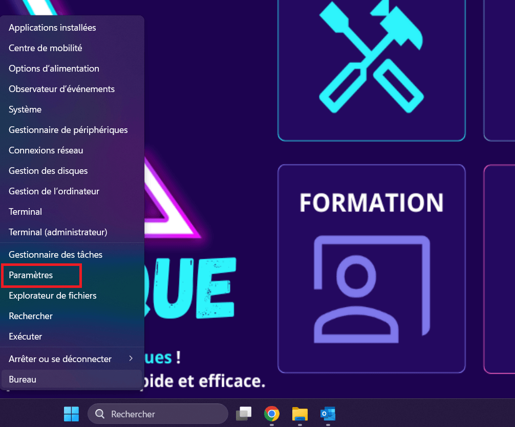 Mises à Jour Windows et Pilotes : Protection et optimisation 3 Vue menu démarrer Windows pour cliquer sur les paramètres
